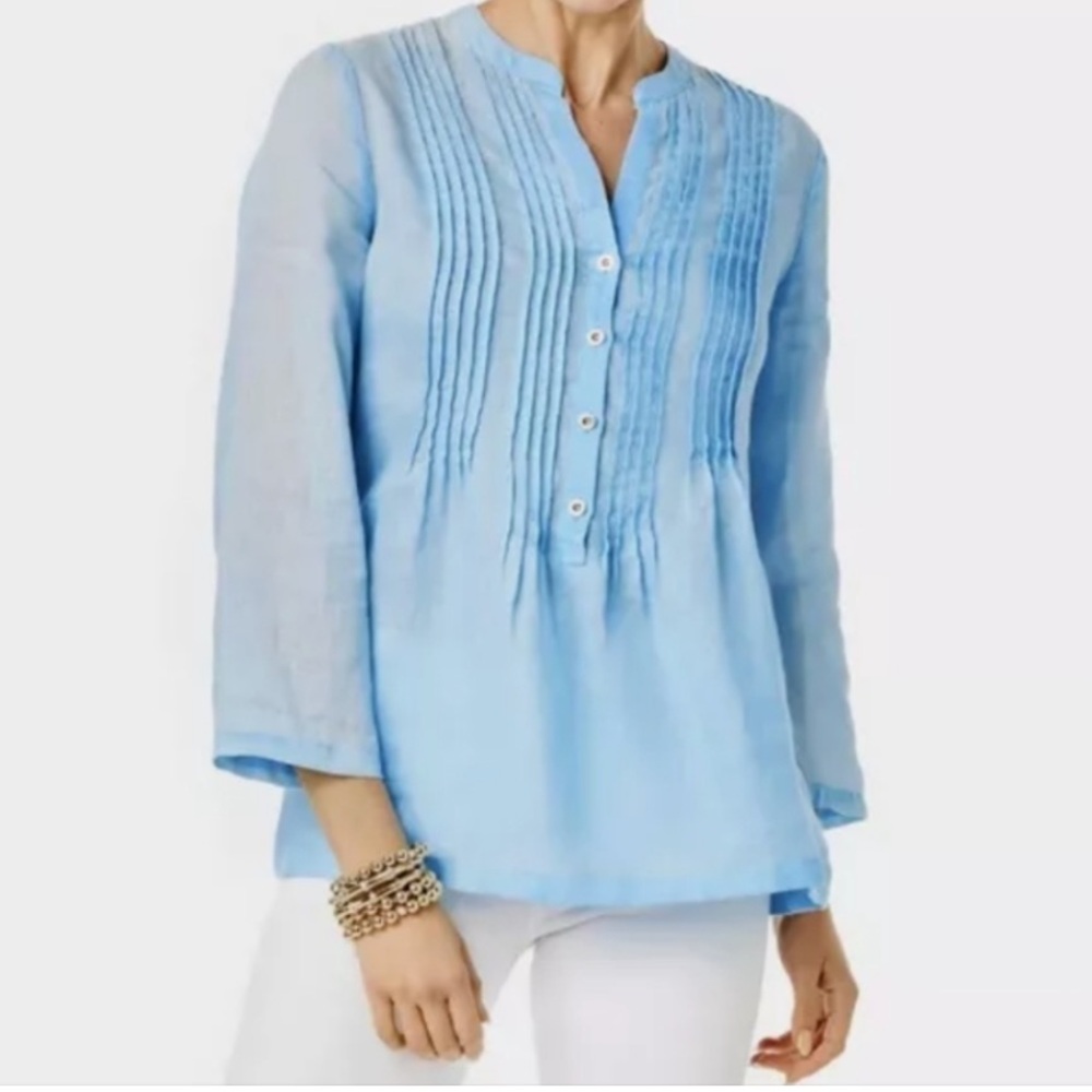 Lilly Pulitzer Sky Blue Pleated Button Up Linen Blouse